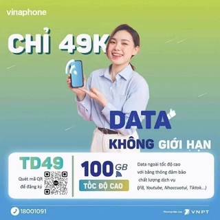 [Miễn phí 12 tháng] Sim 4G Vinaphone GÓI CƯỚC TD49 100Gb/tháng