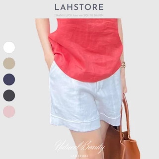 Quần short nữ LAHSTORE vải linen, ống rộng xắn gấu lưng thun (Trắng)