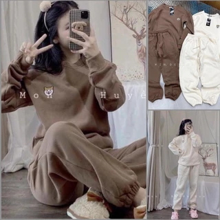 Set nỉ thêu chó shiba dài tay nữ - Bộ đồ ngủ quần ống bo gấu kèm áo sweater màu trắng, nâu mặc ở nhà đẹp HOT TREND