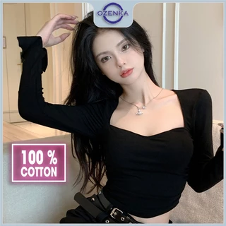 Áo croptop cổ vuông tay dài vạt bầu nhún eo OZENKA , ao crt loptop ôm body cotton màu đen trắng dưới 55 cân