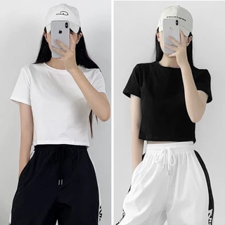 Áo croptop nữ , áo croptop ôm cổ tròn tay ngắn hai màu đen màu trắng chất thun gân cao cấp dày dặn ôm body 98 Wear