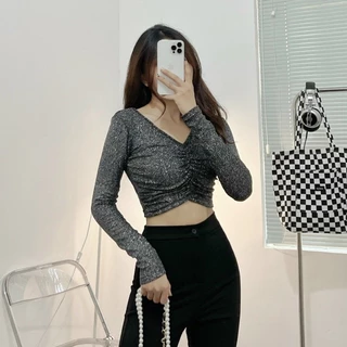 Áo croptop nữ tay dài HHVINTAGE kiểu nhún ngực đính kim sa thun co giãn Top A43