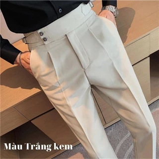 Quần âu nam trắng cạp cao 2 khuy sidetab MEMOTOP chỉnh eo 2 bên baggy ống đứng suông đẹp cao cấp MM30