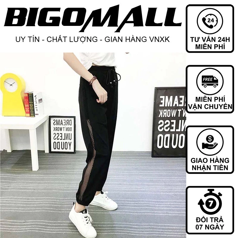 Quần jogger nữ phối lưới hông cá tính BIGOMALL