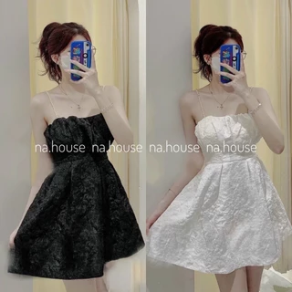 Đầm trắng hai dây cườm dự tiệc đi chơi Nahouse váy gấm xốp đen 2s dáng ngắn xòe thiết kế đẹp xinh xắn và sang trọng