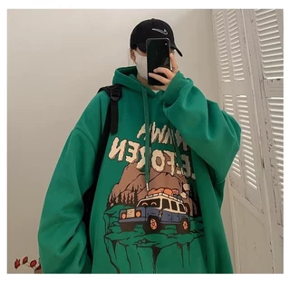 【คริสต์มาส】Áo Hoodie Dáng Rộng In Họa Tiết Hoạt Hình Giáng Sinh Màu Xanh Lá Thời Trang Thu Đông Cho Nam Và Nữ Size M-5XL