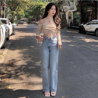 Quần Milina Jeans Suông Xanh Rách Gấu