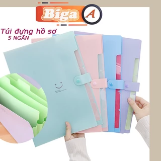 Cặp đựng tài liệu A4, Túi hồ sơ văn phòng BIGA 5 ngăn tiện dụng 6 màu SMILE Bìa nhựa chống nước