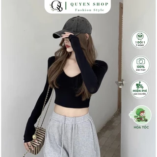 Áo Thun Nữ Tay Dài Cổ Tim From Croptop - QS QUYEN SHOP