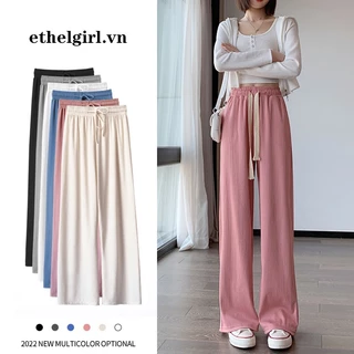 Ethelgirl S-4XL 4 màu Tất cả trận đấu eo cao rộng lụa băng ống rộng quần nữ quần áo giản dị dây rút quần thẳng