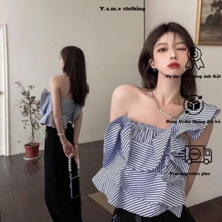 Áo kiểu lệch vai dáng ngắn croptop trễ vai lệch một bên hoạ tiết kẻ vằn xanh sexy cá tính yame clothing (có sẵn)