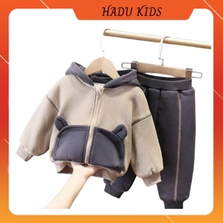 Bộ nỉ bông cho bé, bộ thu đông bé trai bé gái có mũ tai gấu - HADU KIDS 7-28kg