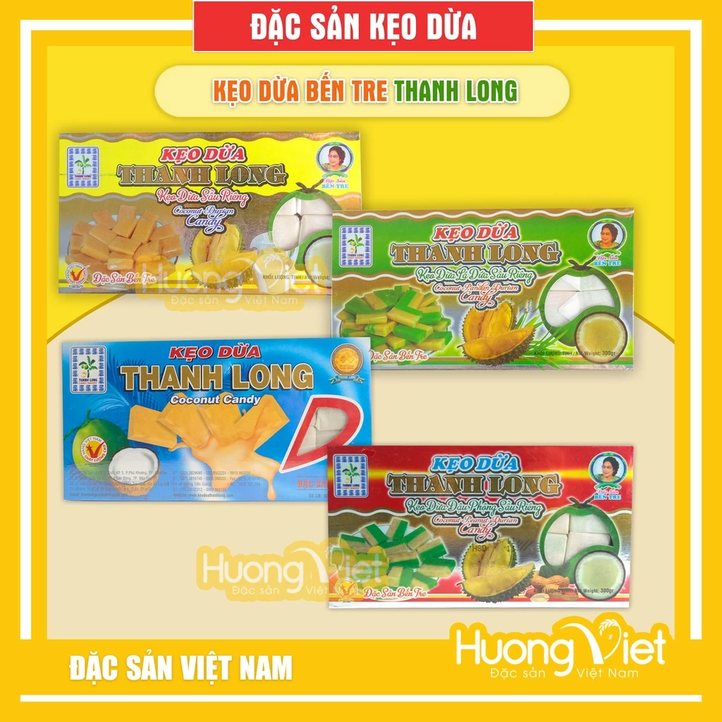 Kẹo dừa Bến Tre hiệu Thanh Long 300gr, đặc sản Bến Tre gồm 4 vị khác nhau: lá dứa, sầu riêng, đậu phộng, sữa nguyên chất