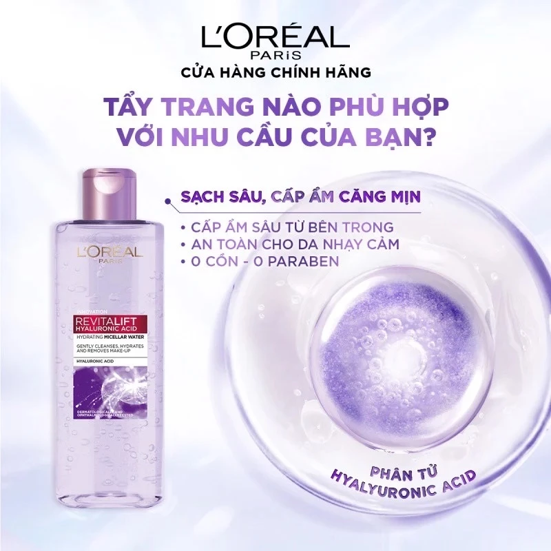 [ HÀNG CTY + TEM PHỤ ] Nước Tẩy Trang Tím Siêu Cấp Ẩm & Giảm Nếp Nhăn L’OREAL PURE REVITALIFT HYALURONIC ACID 1.5%