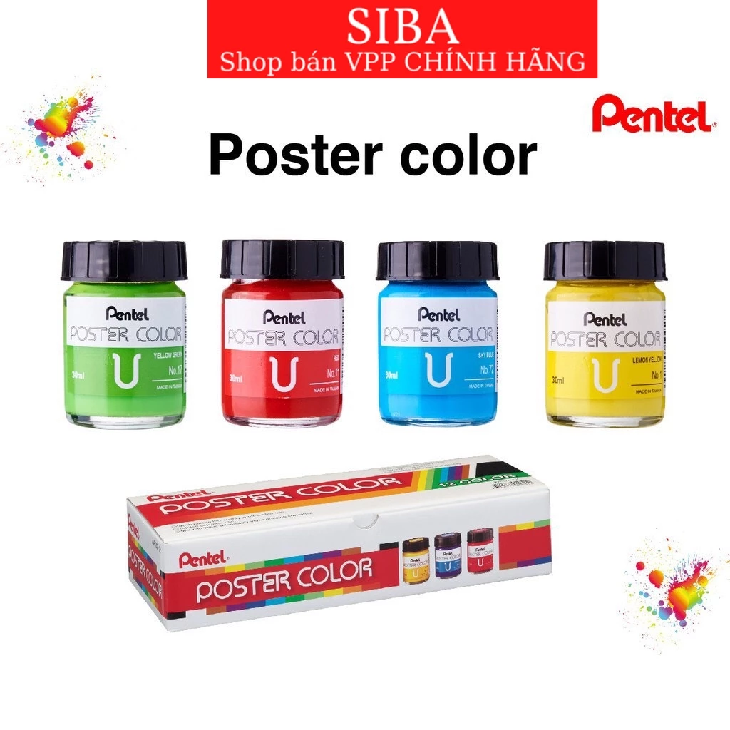 Màu poster Pentel, bộ 12 màu bột pha sẵn lọ thuỷ tính 30ml WPU2-12/ lọ nhựa 12 ml POC-12E