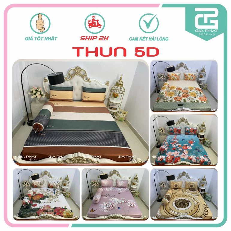 Bộ Ga Giường Drap Thun Lạnh Ý 5D { 4 Món } họa tiết Bông sọc ( 1 ga bọc + 2 vỏ gối nằm + 1 vỏ gối ôm )