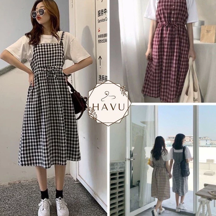 Váy nữ xinh kẻ caro rút eo hot trend đẹp kèm ảnh thật A1t4