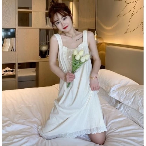 Váy ngủ hai dây váy đầm mặc ở nhà chất thun cotton có diêm dễ thương thoải mái phong cách hàn quốc