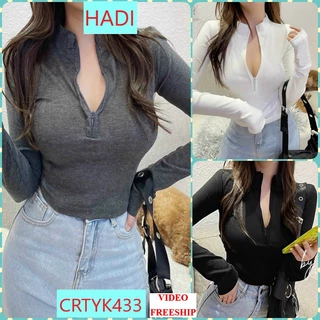 [CRTYK433] ÁO CROPTOP KIỂU LỬNG NỮ CỔ LỌ DÂY KÉO NGỰC DÀI TAY MÀU TRẮNG ĐEN XÁM XANH RÊU CO GIÃN TÔN DÁNG SIÊU PHÁ CÁCH