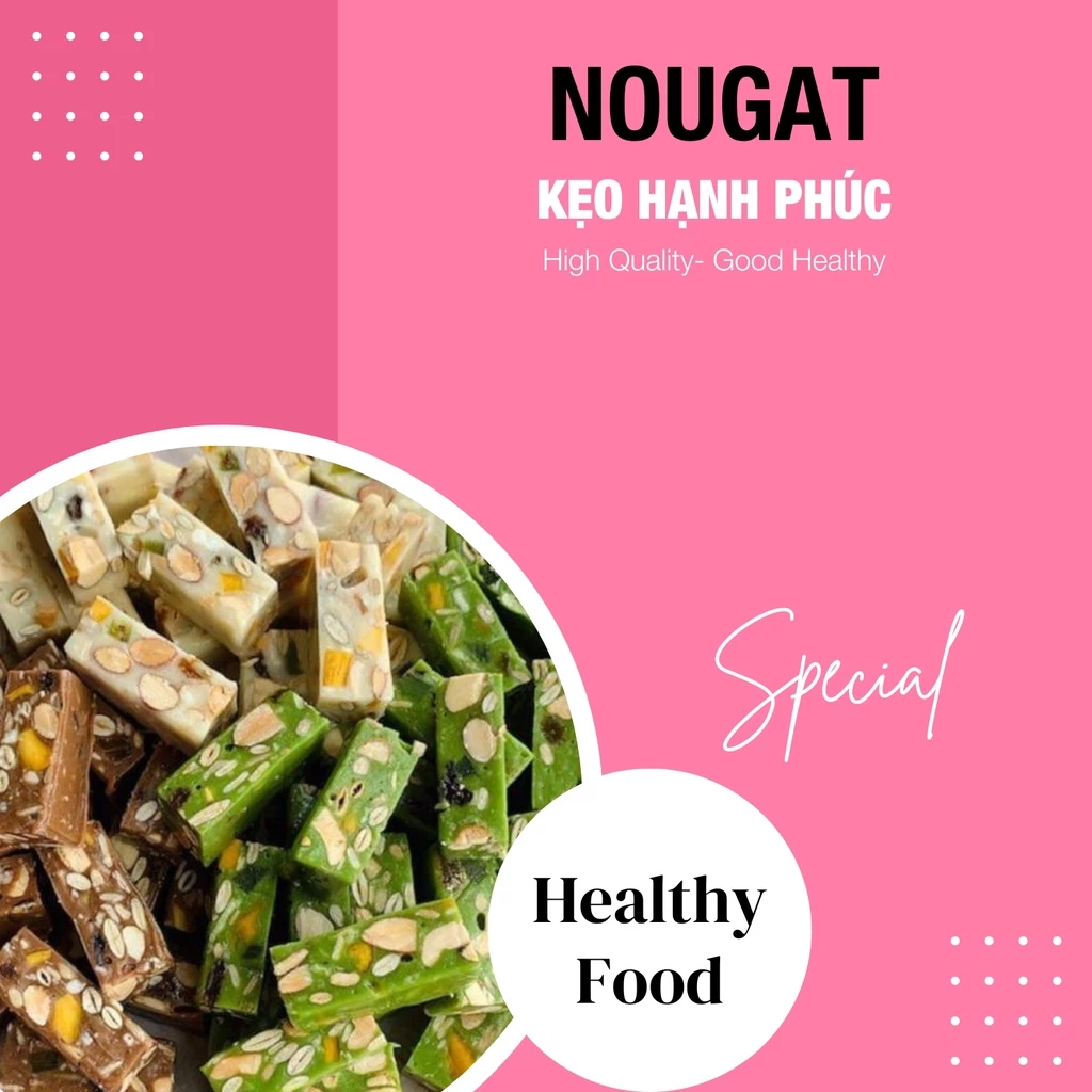 Kẹo nougat hạt dinh dưỡng hộp 300g, kẹo hạnh phúc mềm dẻo ít ngọt dành cho người ăn kiêng vị dâu, cacao