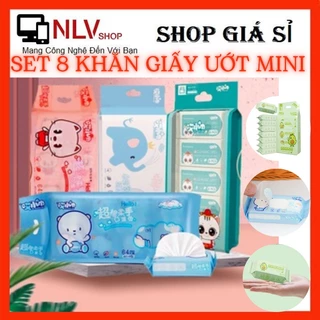 Set 8 gói khăn giấy ướt mini bỏ túi không chứa cồn, không gây kích ứng da, không chất tạo mùi, an toàn với bé, siêu xinh