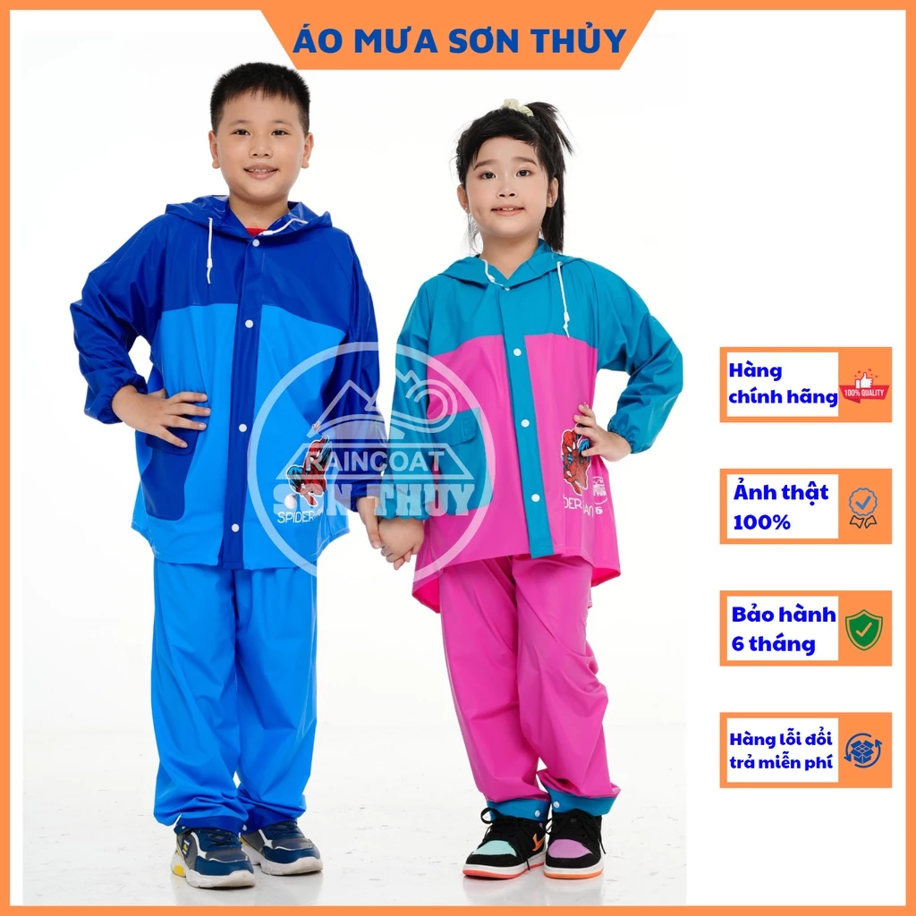 Áo mưa bộ trẻ em Sơn Thủy có lưng che cặp sách, bộ áo mưa dễ thương bằng PVC cao cấp an toàn cho bé trai bé gái