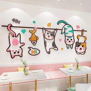 Phòng ngủ ấm áp mèo trang trí tranh mica hoạt hình mẫu giáo cửa hàng thú cưng phòng trẻ em đầu giường nền tường miếng dán ba chiều