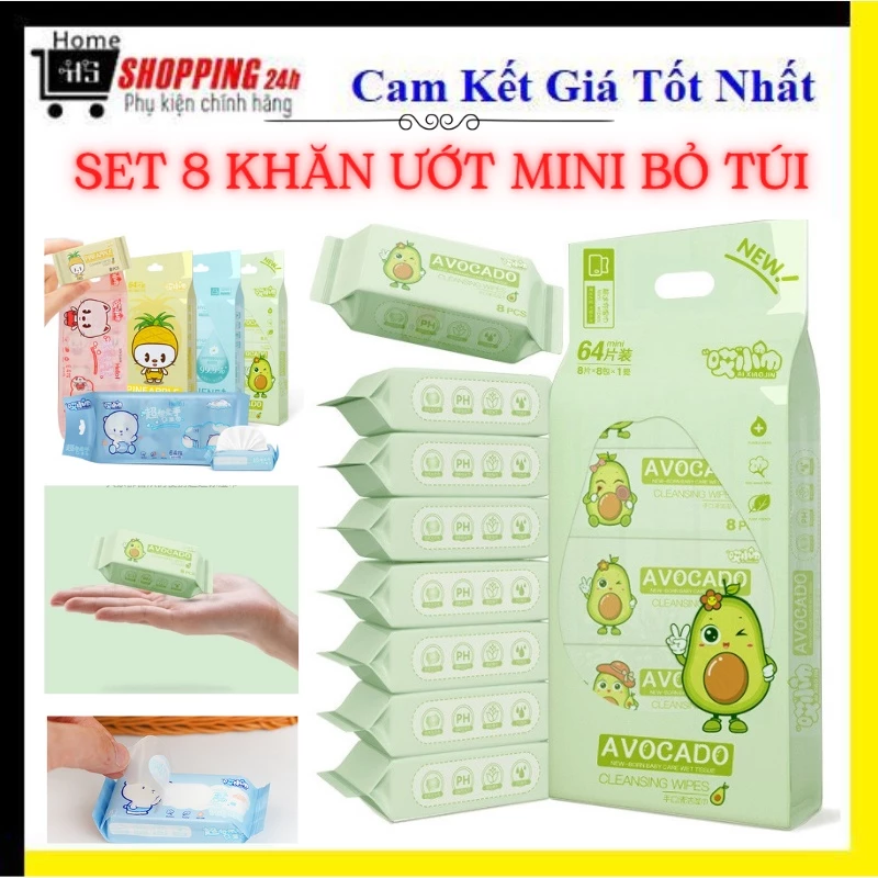 Set 8 gói khăn giấy ướt hoạt hình mini bỏ túi tiện dụng/Khăn giấy ướt không chứa cồn không kích ứng da, an toàn