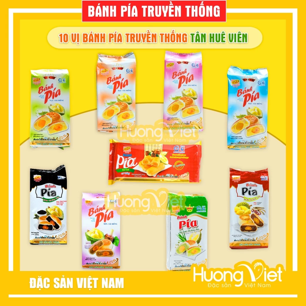 Bánh pía Tân Huê Viên, bánh pía Sóc Trăng vị truyền thống: đậu xanh, lá dứa, mè đen, đậu đỏ, khoai môn đặc sản miền Tây