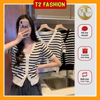 Áo cardigan cộc tay kẻ sọc cổ V cổ điển