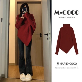 Áo sweater Dệt Kim Tay Dài Cổ Cao Dáng Rộng Màu Đỏ Thời Trang Năm Mới Cho Nữ