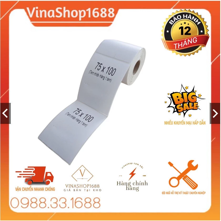 Decal nhiệt  75x100mm in vận đơn thương mại điện tử - Vinashop 1688 - Giấy in A7 75x100 mm 300 tem/cuộn