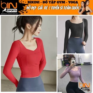 Áo thun nữ tập gym yoga aerobic thể thao croptop dài tay kèm mút chất liệu thun poly co dãn 4 chiều BINSPORTS A219