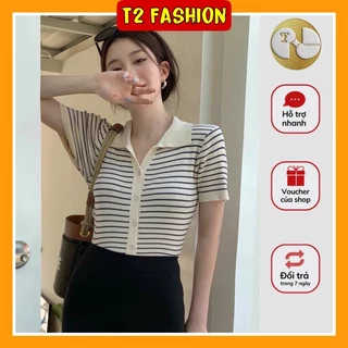 Áo thun cardigan ngắn tay cổ bẻ kẻ sọc