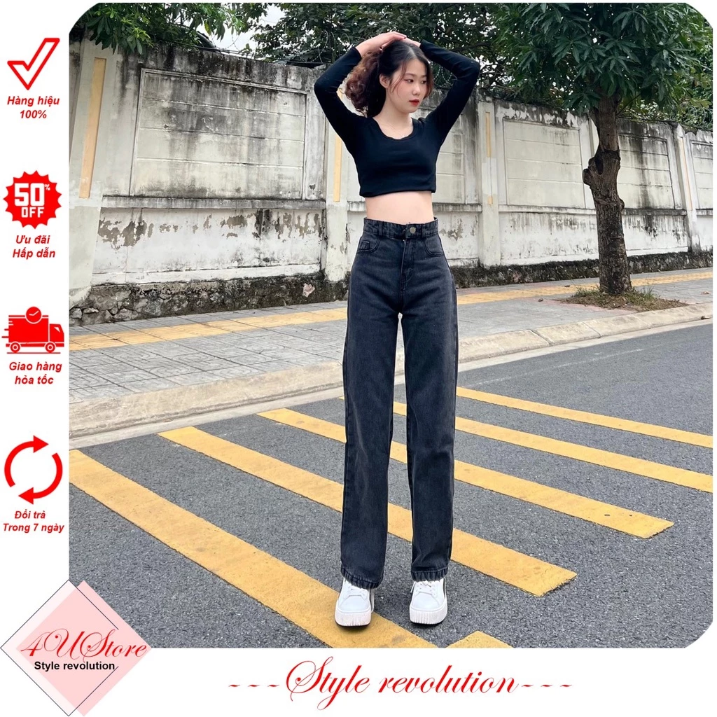 Quần JEAN nữ ống rộng, Quần BÒ nữ ống suông màu Đen Tuyền, kiểu baggy ống đứng JN4U ảnh thật