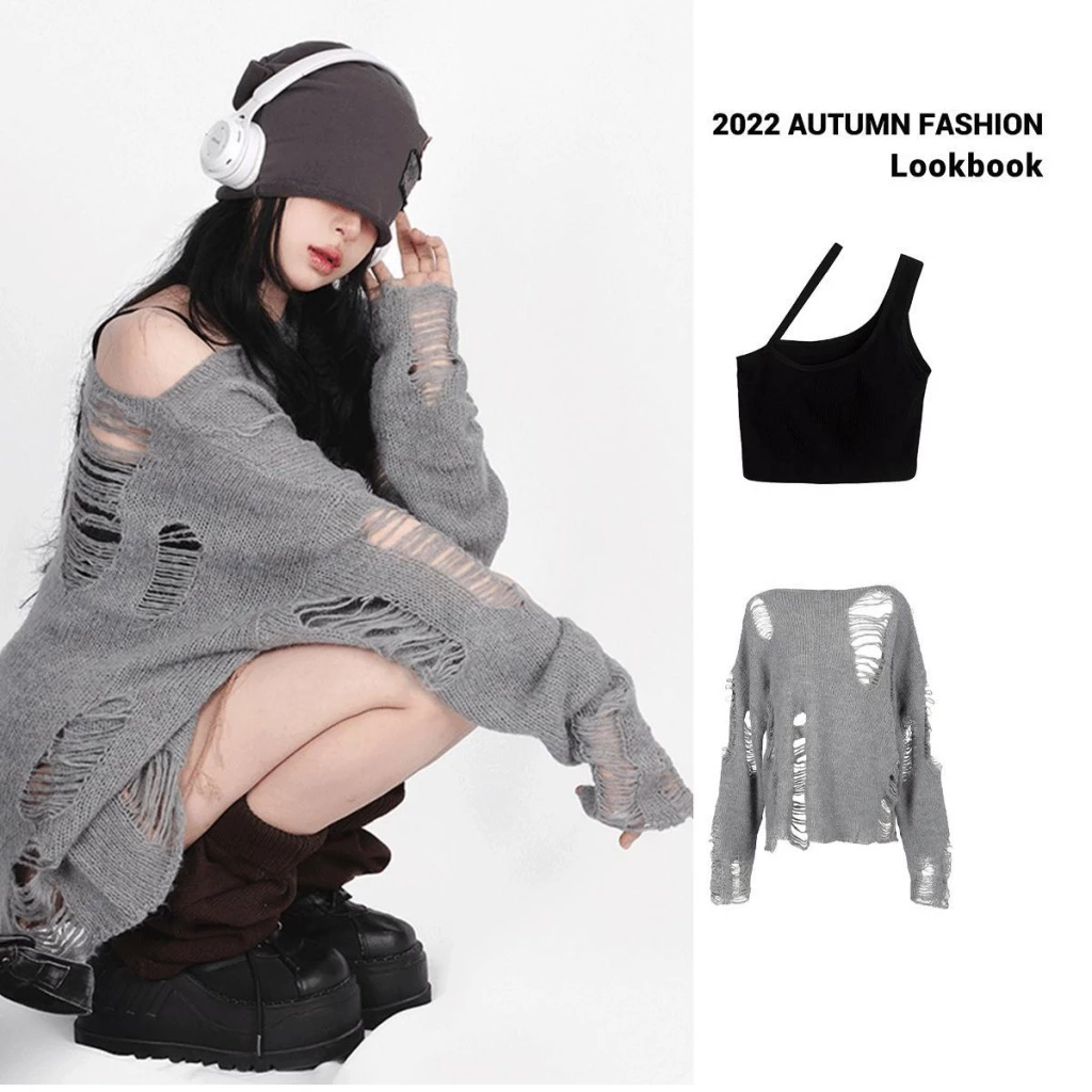 Áo Sweater Dệt Kim Dáng Rộng Phối Rách Kiểu Nhật Bản Thời Trang Mùa Thu 2022 Cho Nữ Y2k