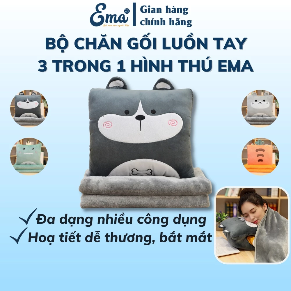 Bộ chăn gối văn phòng luồn tay hình thú 3 trong 1 Ema - Hoạ tiết đáng yêu - Kích thước 100x170cm