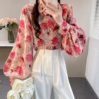 Áo Sơ Mi Chiffon Tay Dài Phồng In Họa Tiết Hoa Thời Trang Dành Cho Nữ