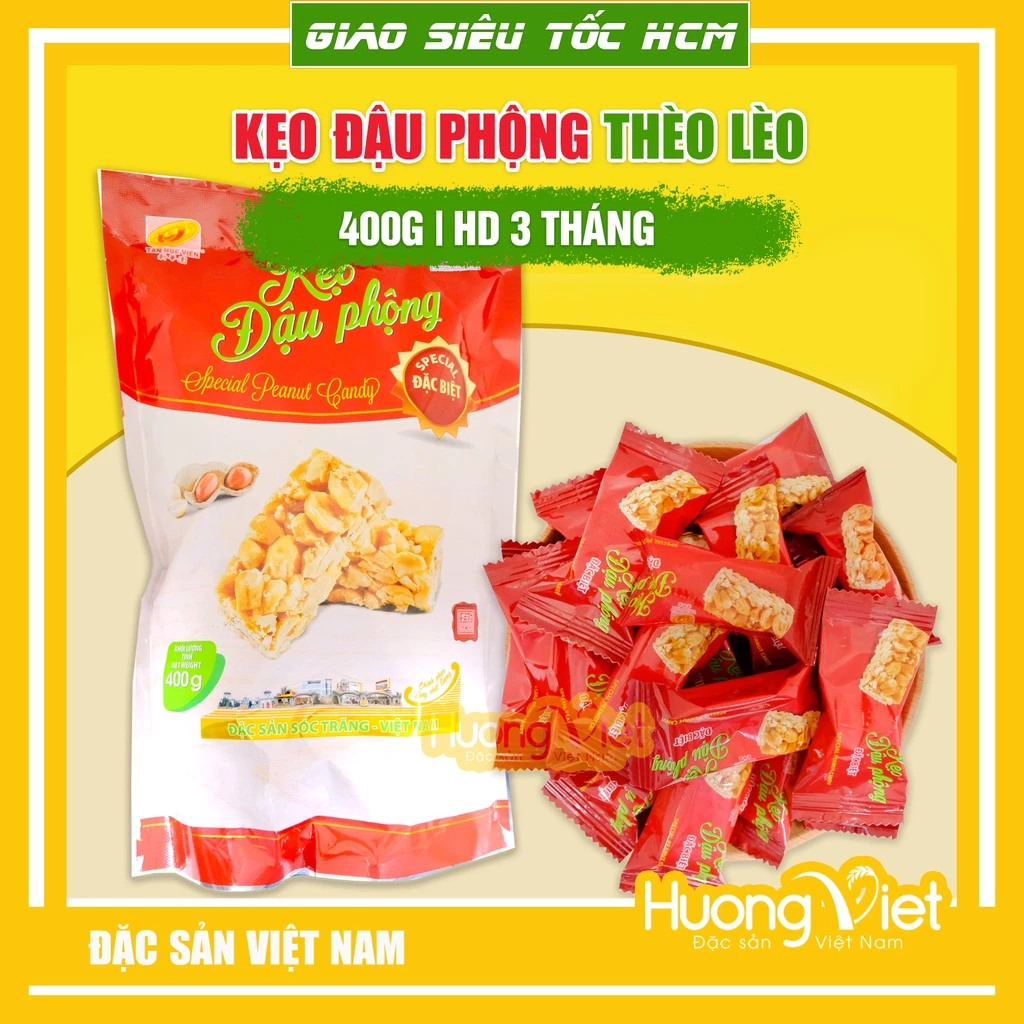 Kẹo đậu phộng đặc biệt Tân Huê Viên giòn ít ngọt 400gr, đặc sản kẹo thèo lèo miền tây Sóc Trăng