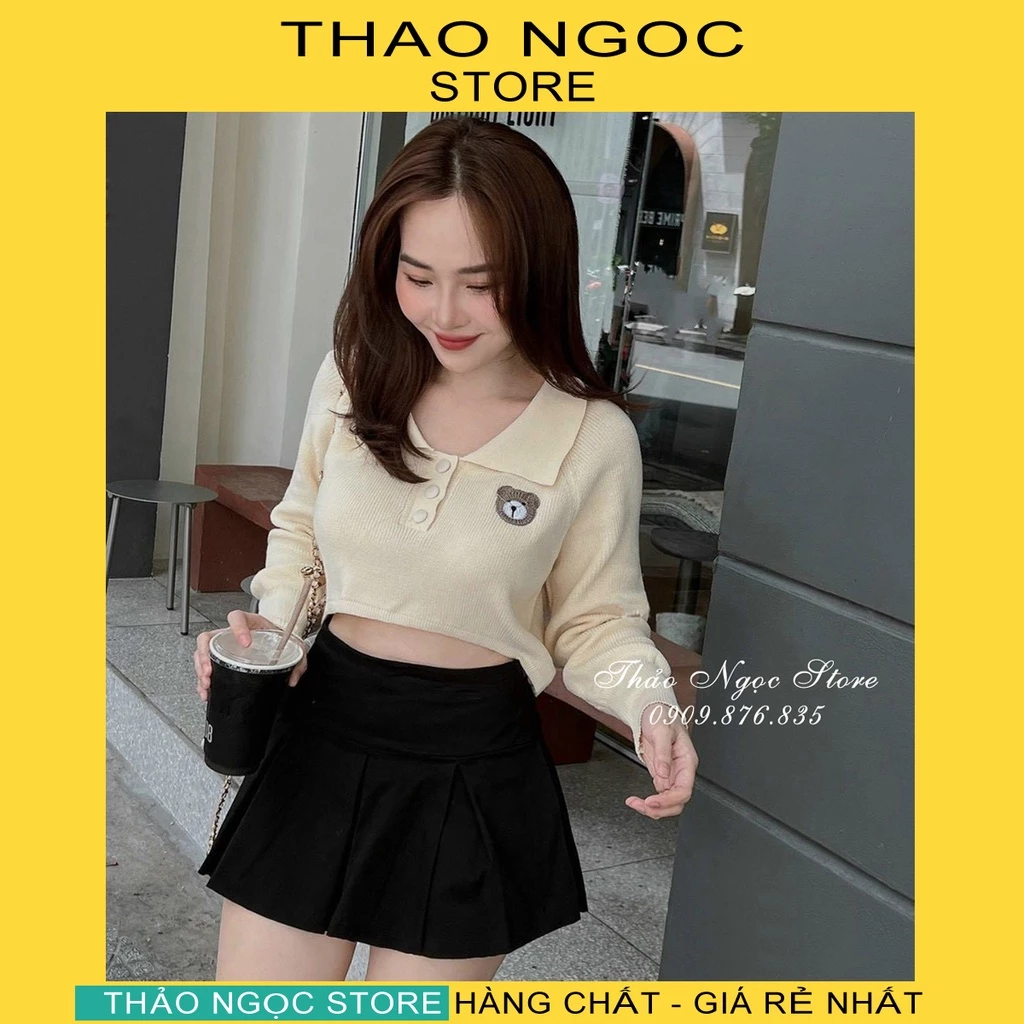 Áo len croptop gấu thêu cổ bẻ tay dài siêu hot! (hình trải thật)