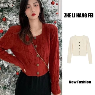 Áo cardigan dệt kim ZHELIHANGFEI tay dài cổ vuông lưng cao thiết kế dễ thương sáng tạo