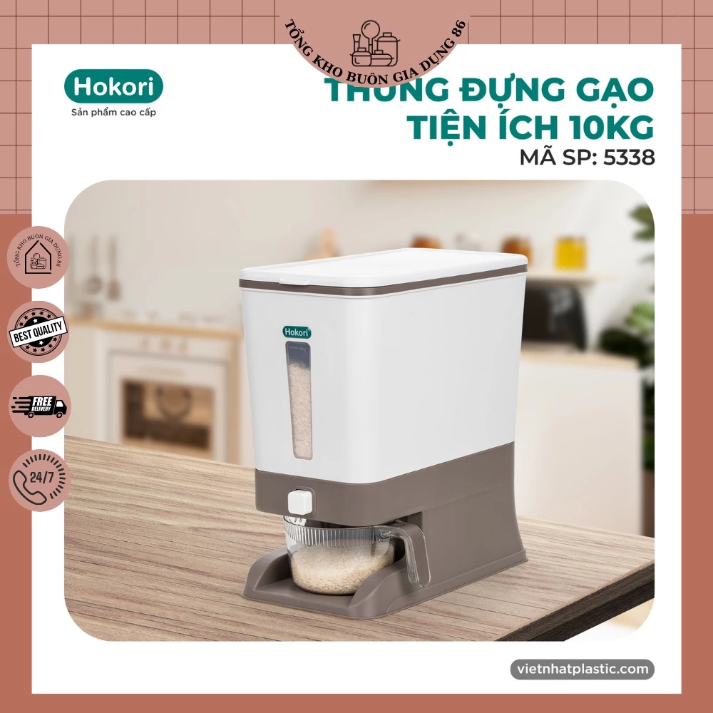 Thùng đựng gạo tiện ích 10kg Hokori 5338, Thùng đựng gạo chống ẩm mốc và côn trùng, Thùng bảo quản gạo Việt Nhật