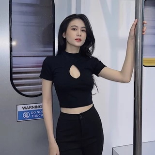 Áo croptop nữ tay ngắn HHVINTAGE kiểu khoét ngực thun co giãn TOP A70