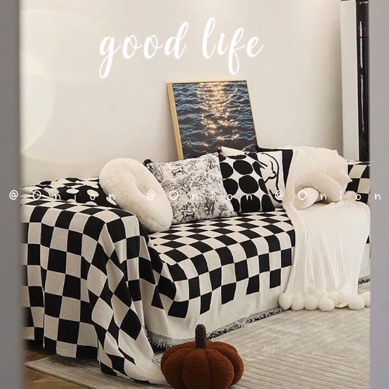 Khăn trải ghế sofa thảm phủ bàn decor kẻ caro