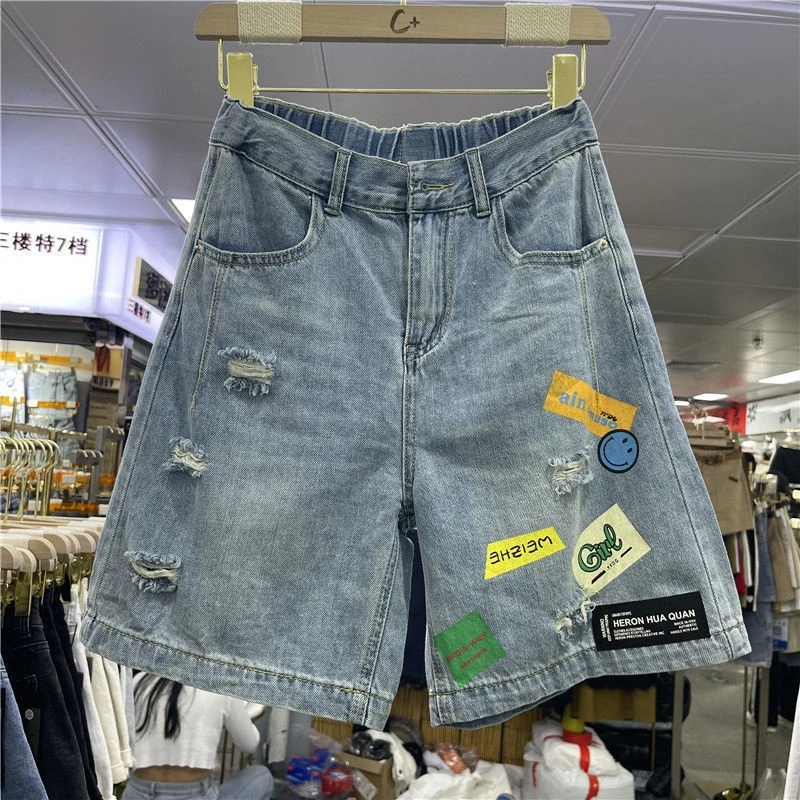 Jiashucheng Quần Short Denim Lưng Cao Ống Rộng Rách Gối Thời Trang Mùa Hè Phong Cách Hàn Quốc Mới Cho Nữ