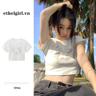 Ethelgirl Hot girls Áo crop top in hình áo thun ngắn tay nữ quần áo mỏng vừa vặn áo mỏng