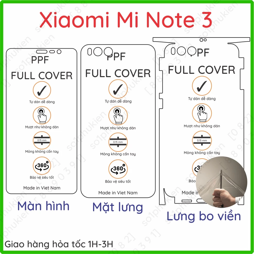 Dán PPF Xiaomi Mi Note 3 loại trong, nhám dành cho màn hình, mặt lưng, full viền