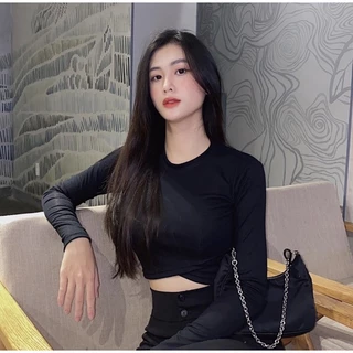 Áo croptop nữ tay dài HHVINTAGE kiểu chéo eo thun co giãn TOP A56