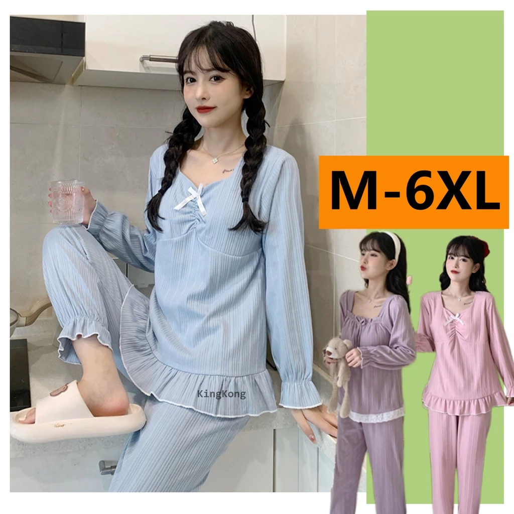 Bộ Đồ Ngủ Cotton Tay Dài Có Đệm Ngực Size M-6XL Màu Trơn Dễ Thương Dành Cho Nữ