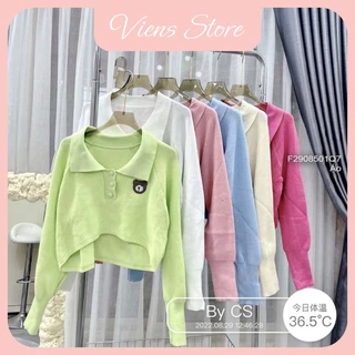 Áo len croptop nữ tay dài phối cổ bẻ họa tiết gấu nâu thêu ngực - Vien's Store